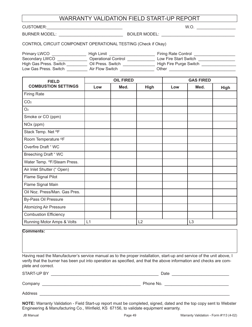 Warranty validation field start-up report | Fulton VMP Webster Oil_Combo Burner User Manual | Page 49 / 52