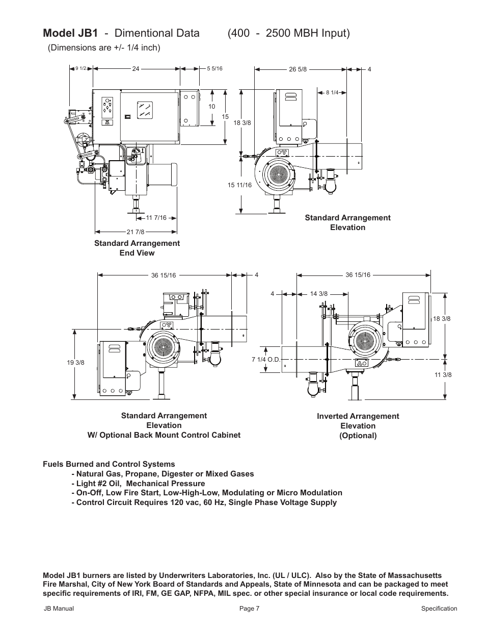 Dimensions are +/- 1/4 inch) | Fulton VMP Webster Oil_Combo Burner User Manual | Page 7 / 52