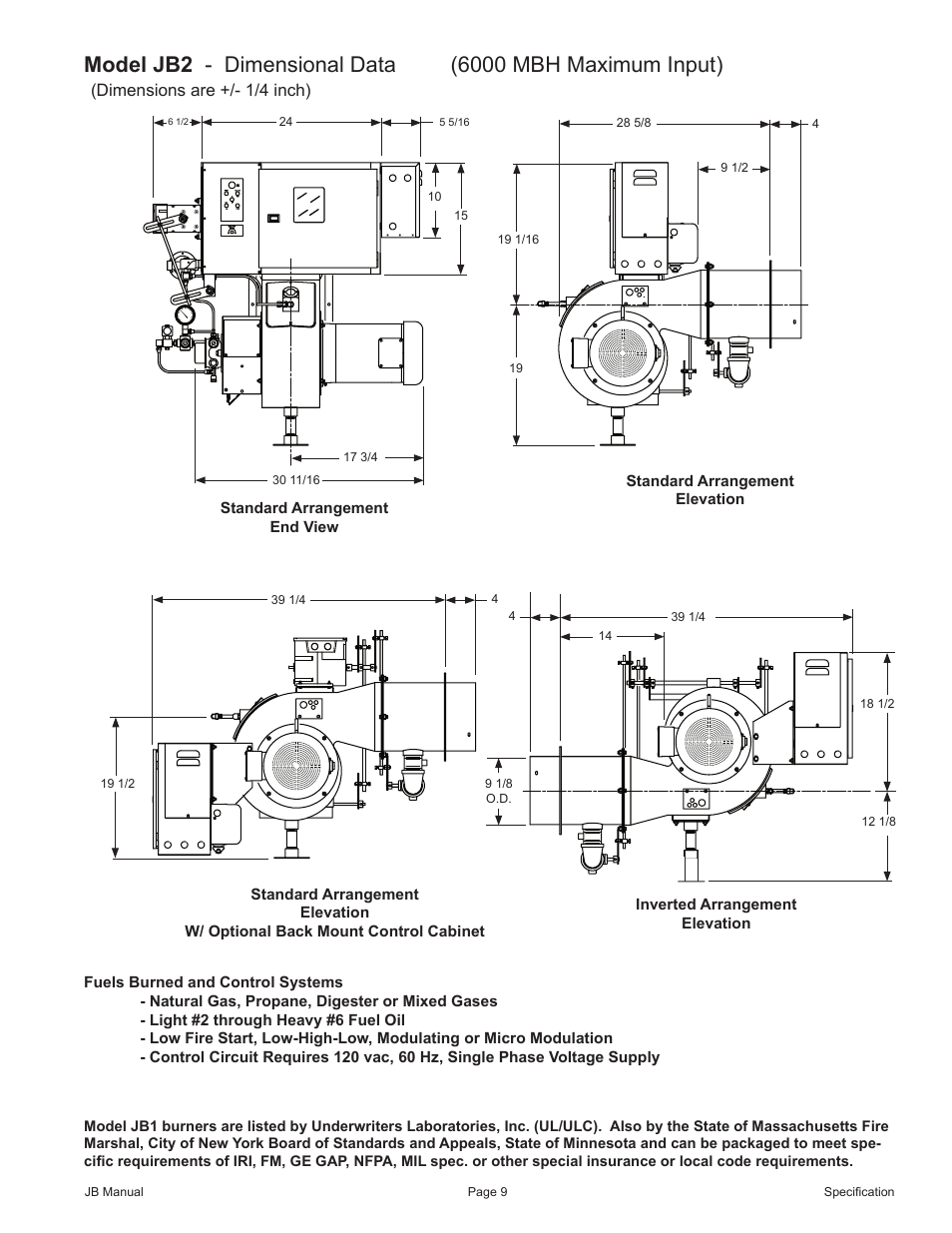 Dimensions are +/- 1/4 inch) | Fulton VMP Webster Oil_Combo Burner User Manual | Page 9 / 52