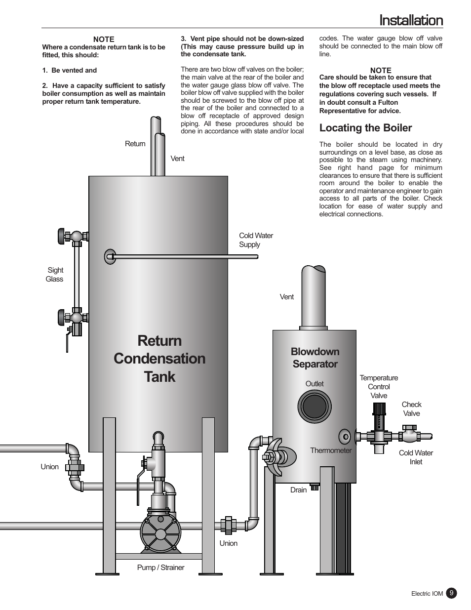 Return condensation tank, Installation, Locating the boiler | Blowdown separator | Fulton Electric (FB-L) Steam Boiler User Manual | Page 13 / 46