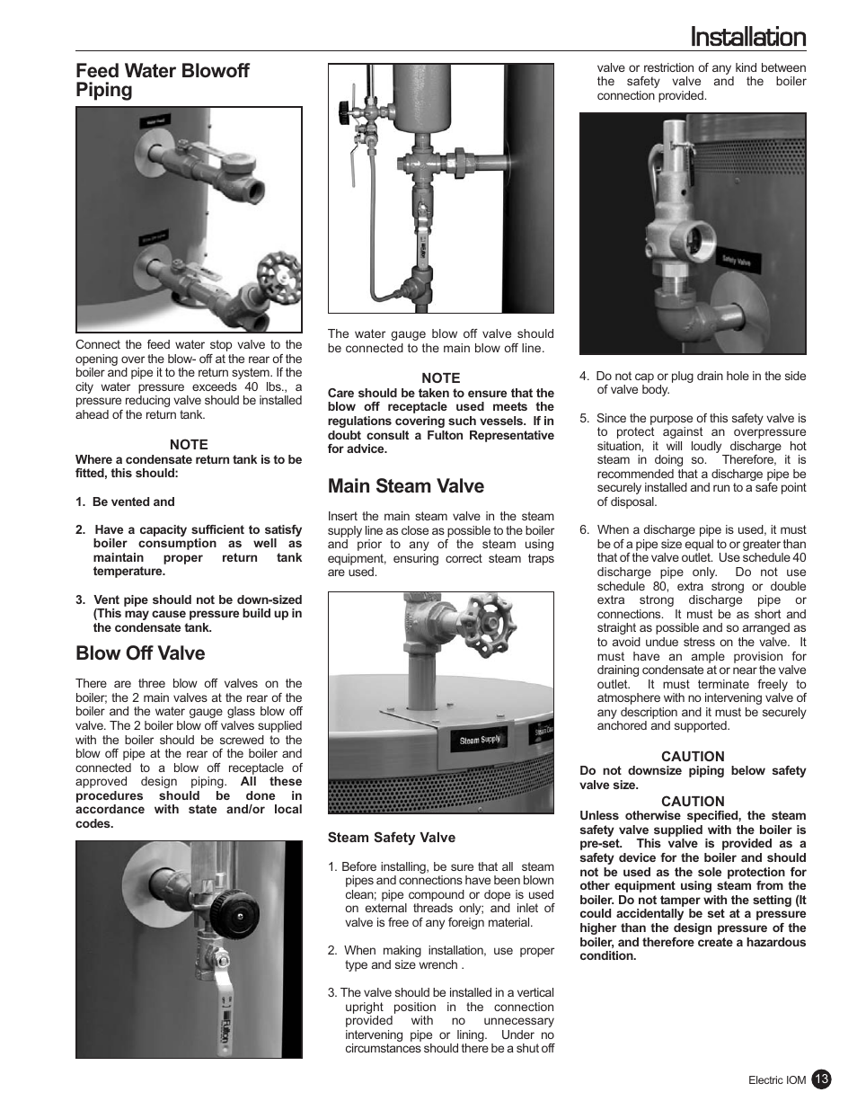 Installation, Feed water blowoff piping, Blow off valve | Main steam valve | Fulton Electric (FB-L) Steam Boiler User Manual | Page 17 / 46