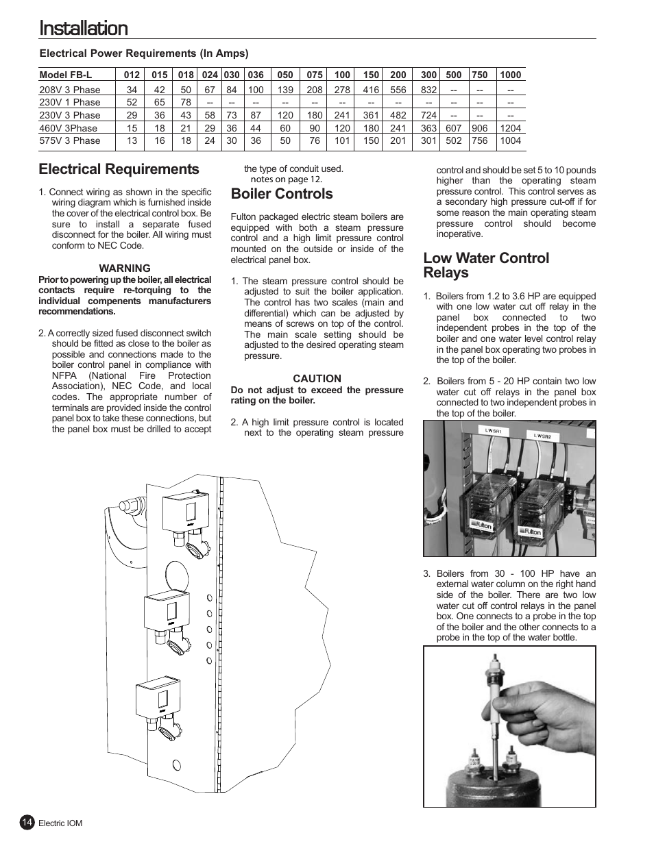 Installation, Electrical requirements, Boiler controls | Low water control relays | Fulton Electric (FB-L) Steam Boiler User Manual | Page 18 / 46