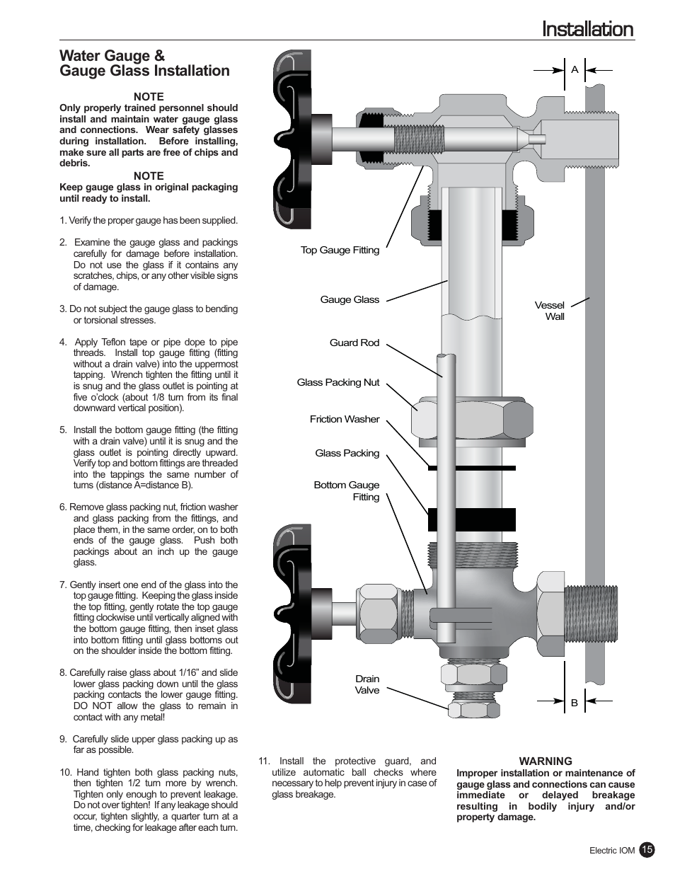 Installation, Water gauge & gauge glass installation | Fulton Electric (FB-L) Steam Boiler User Manual | Page 19 / 46