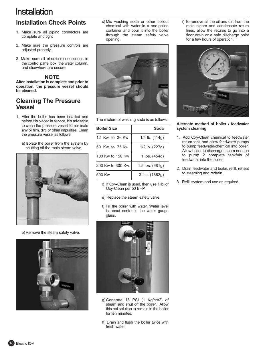 Installation, Installation check points, Cleaning the pressure vessel | Fulton Electric (FB-L) Steam Boiler User Manual | Page 22 / 46