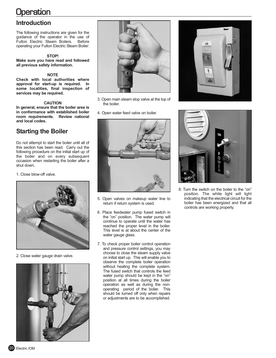 Operation, Introduction, Starting the boiler | Fulton Electric (FB-L) Steam Boiler User Manual | Page 24 / 46