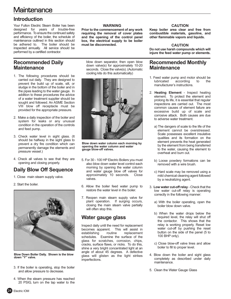 Maintenance, Introduction recommended daily maintenance, Daily blow off sequence | Water gauge glass, Recommended monthly maintenance | Fulton Electric (FB-L) Steam Boiler User Manual | Page 28 / 46