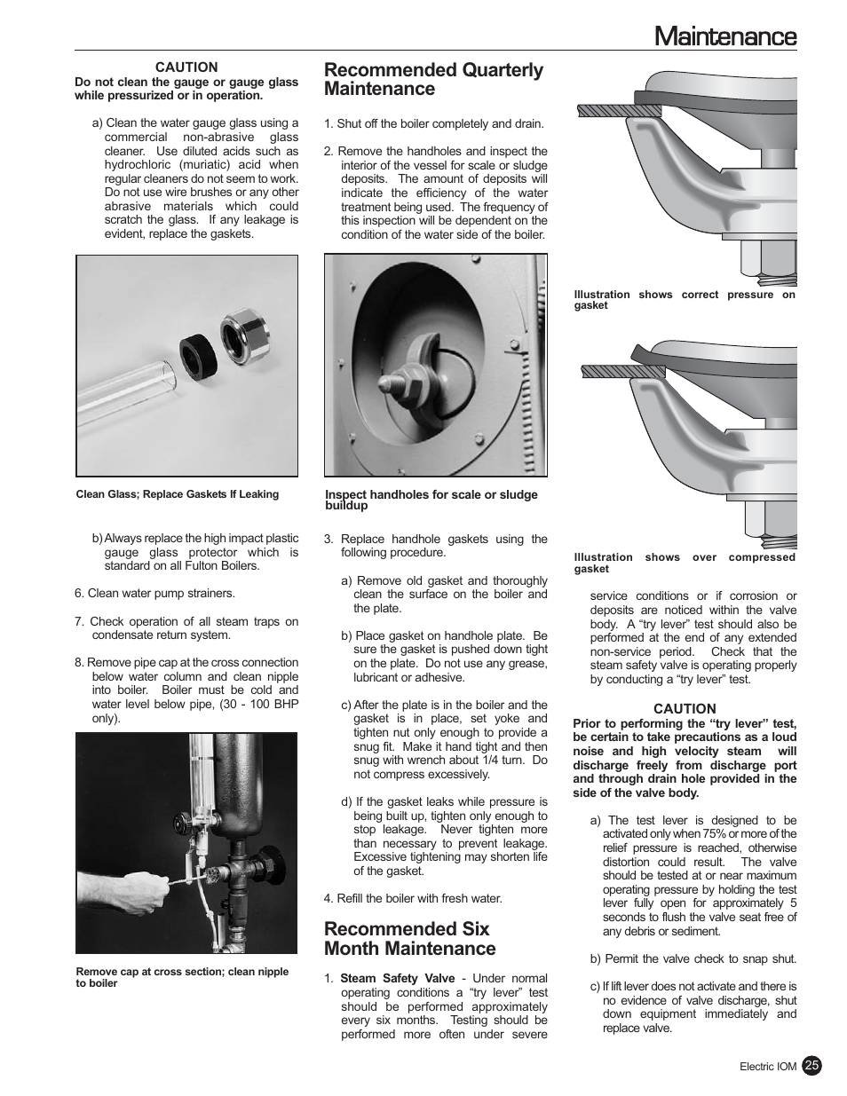 Maintenance, Recommended quarterly maintenance, Recommended six month maintenance | Fulton Electric (FB-L) Steam Boiler User Manual | Page 29 / 46