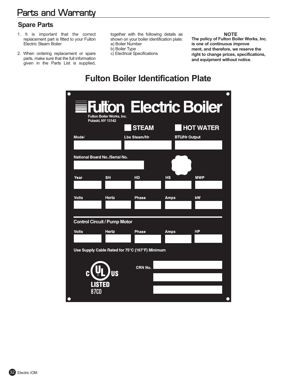 Parts and warranty, Fulton boiler identification plate, Spare parts | Fulton Electric (FB-L) Steam Boiler User Manual | Page 36 / 46