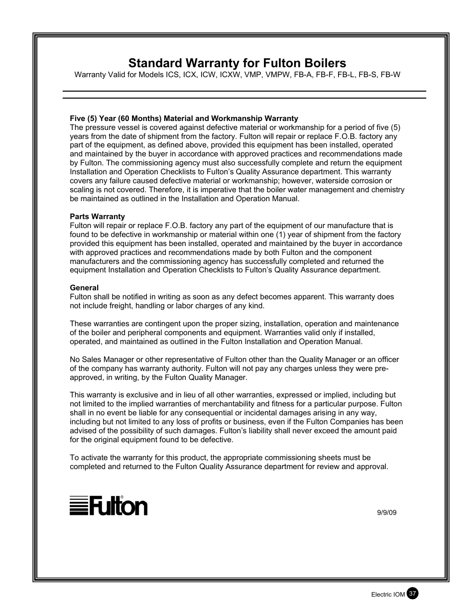 Standard warranty for fulton boilers | Fulton Electric (FB-L) Steam Boiler User Manual | Page 41 / 46