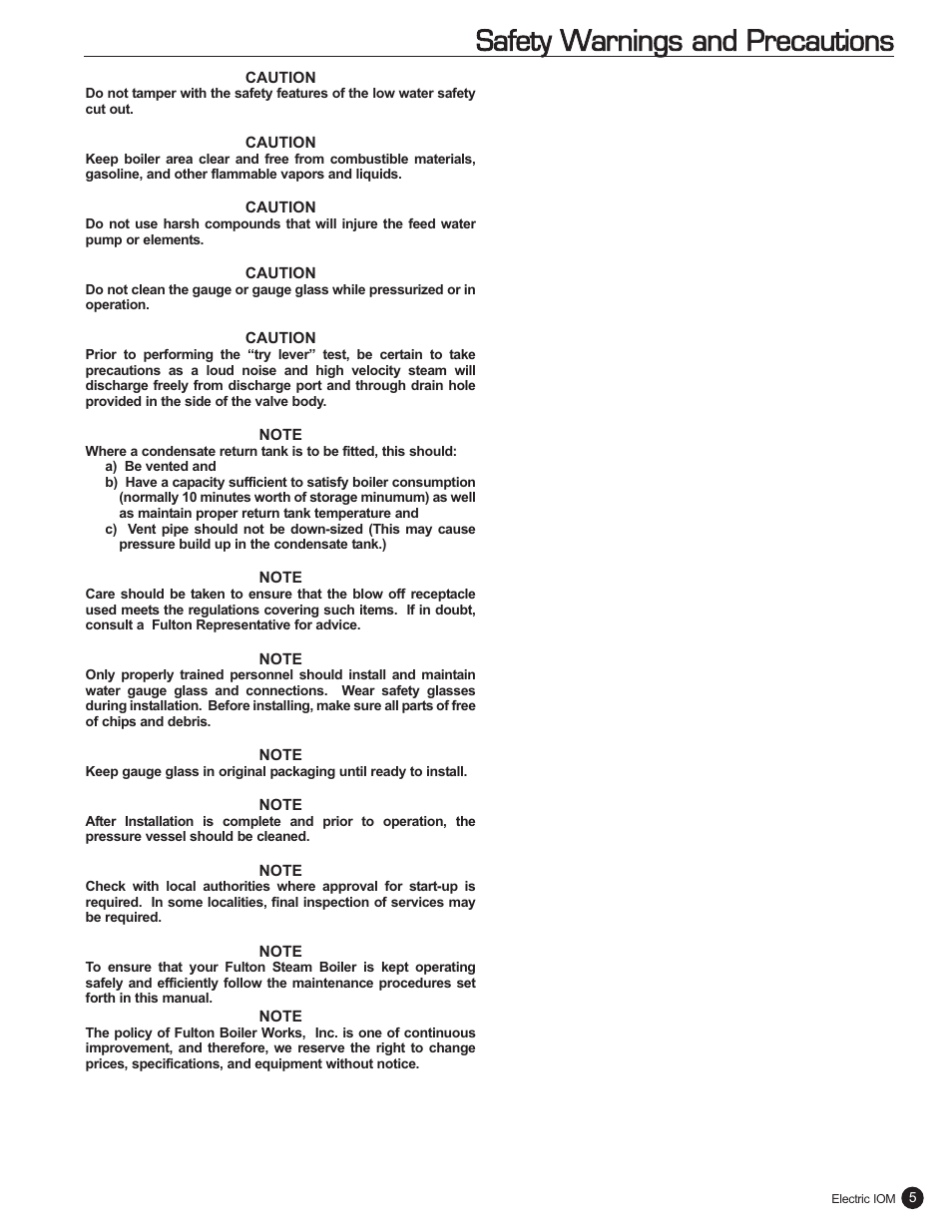 Safety warnings and precautions | Fulton Electric (FB-L) Steam Boiler User Manual | Page 9 / 46