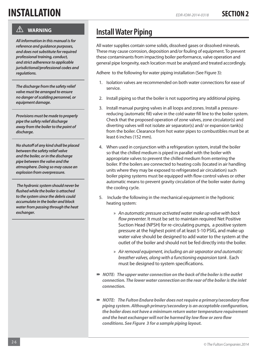 Installation, Install water piping | Fulton Endura (EDR) Condensing Hydronic Boiler User Manual | Page 12 / 68