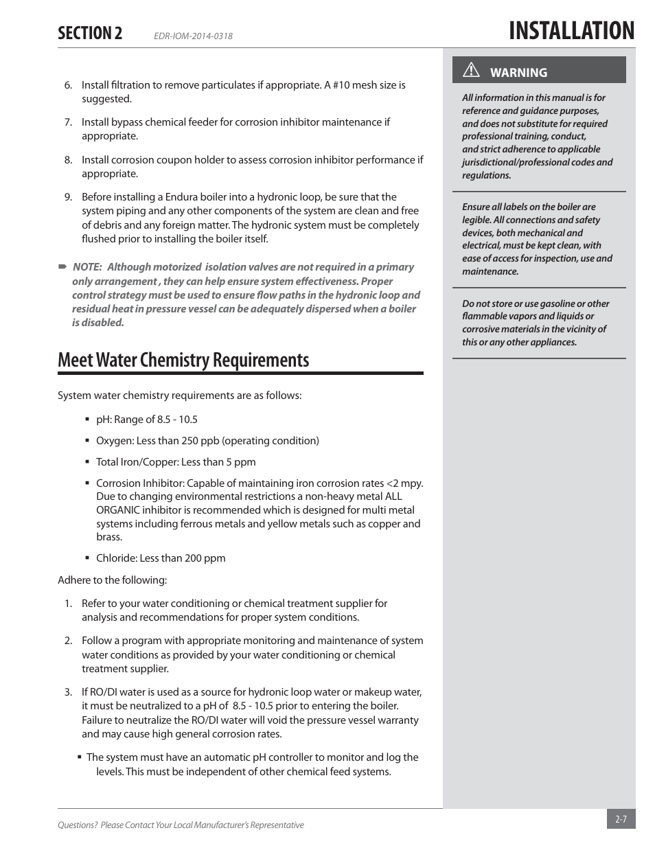 Installation, Meet water chemistry requirements | Fulton Endura (EDR) Condensing Hydronic Boiler User Manual | Page 13 / 68