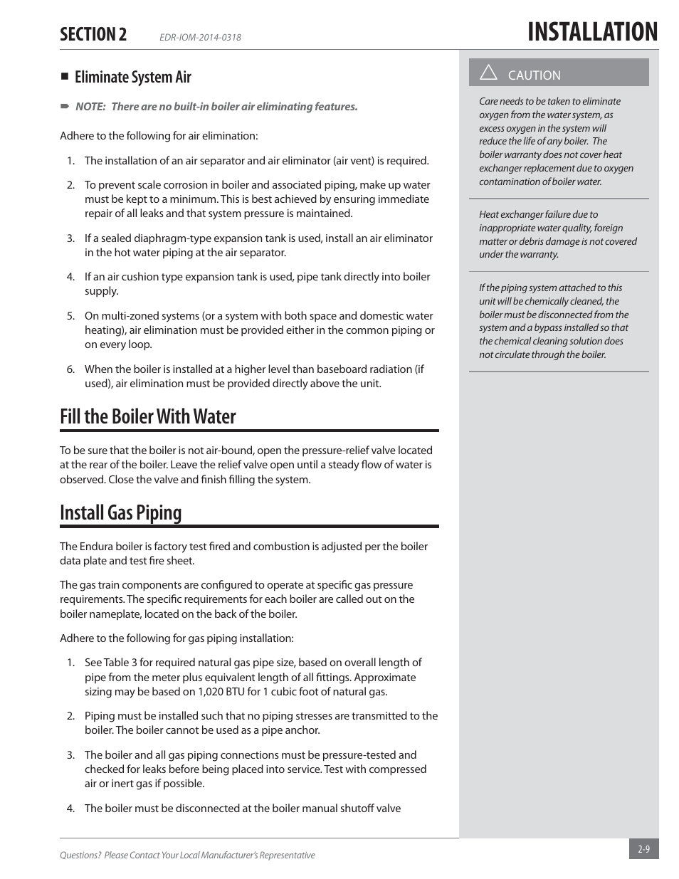 Installation, Fill the boiler with water, Install gas piping | Eliminate system air | Fulton Endura (EDR) Condensing Hydronic Boiler User Manual | Page 15 / 68