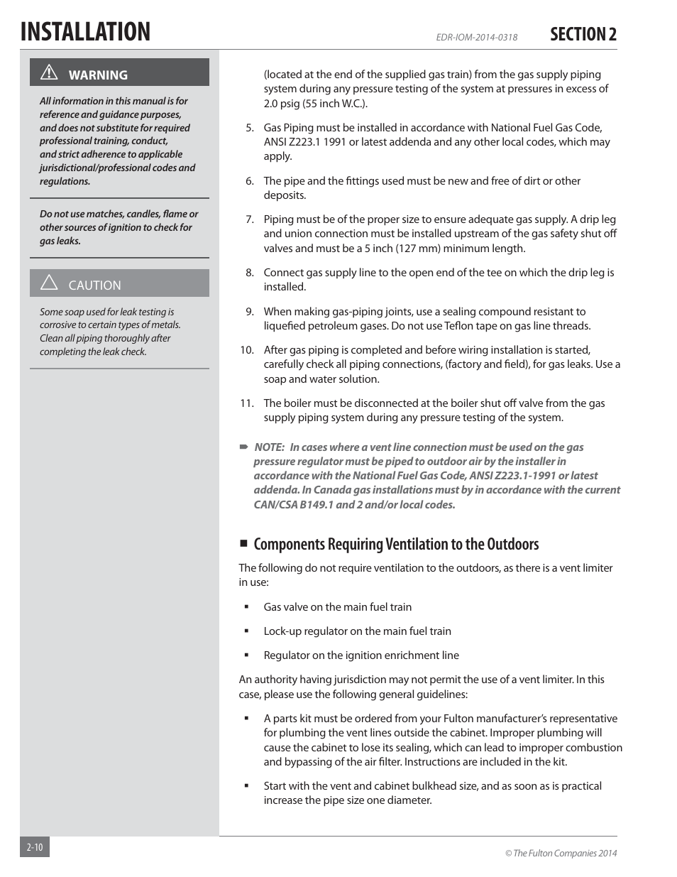 Installation, Components requiring ventilation to the outdoors | Fulton Endura (EDR) Condensing Hydronic Boiler User Manual | Page 16 / 68