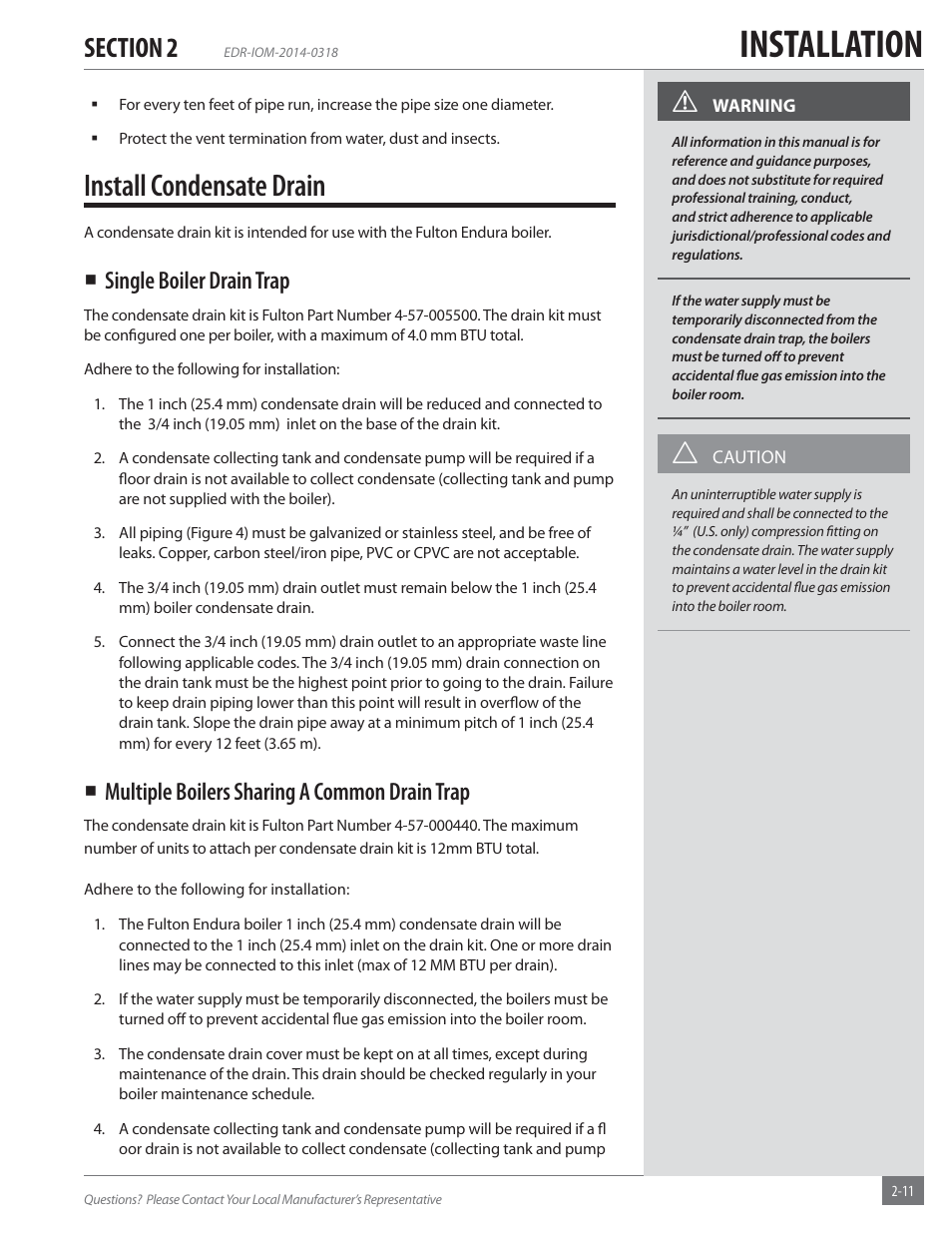 Installation, Install condensate drain, Single boiler drain trap | Multiple boilers sharing a common drain trap | Fulton Endura (EDR) Condensing Hydronic Boiler User Manual | Page 17 / 68