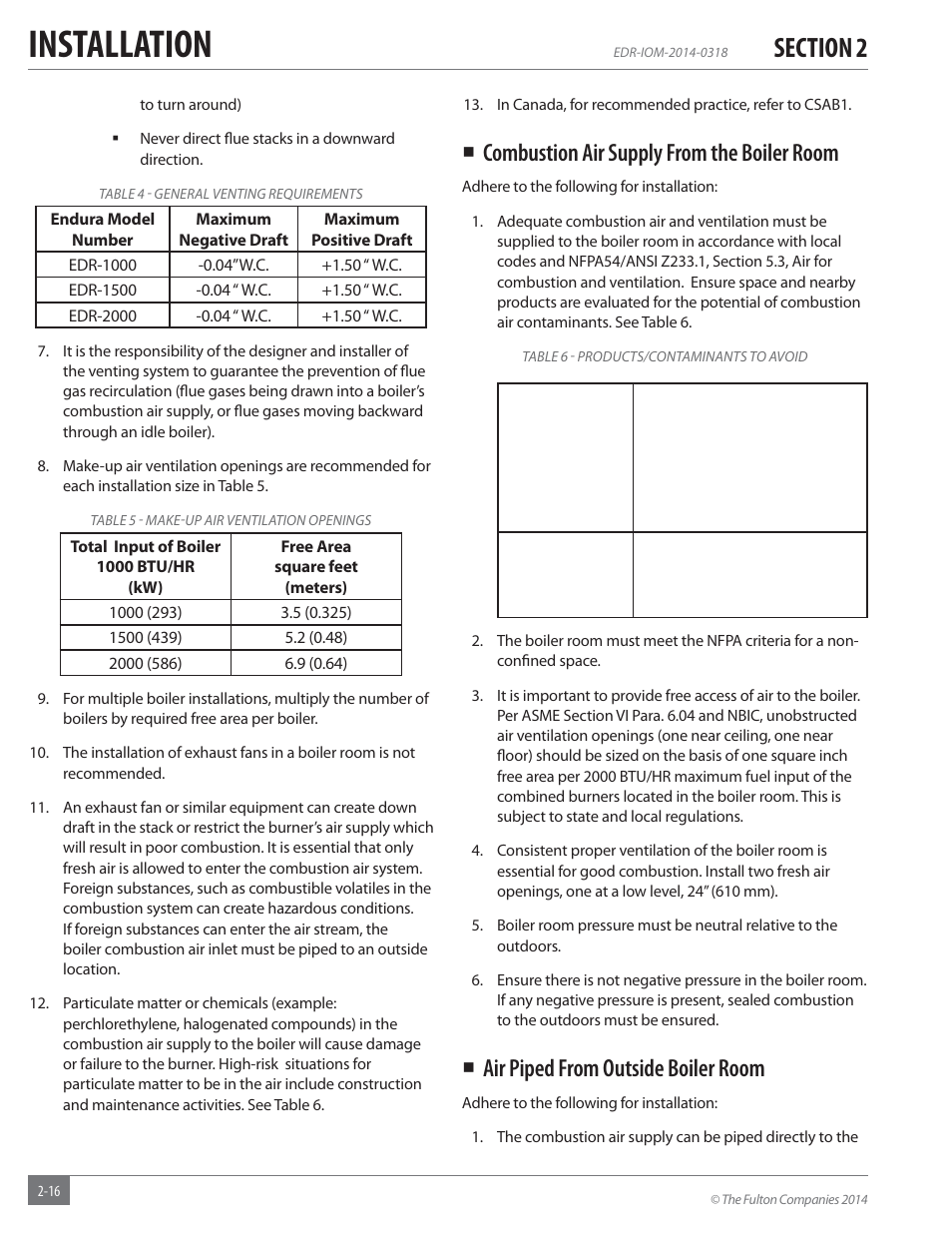 Installation, Combustion air supply from the boiler room, Air piped from outside boiler room | Fulton Endura (EDR) Condensing Hydronic Boiler User Manual | Page 22 / 68