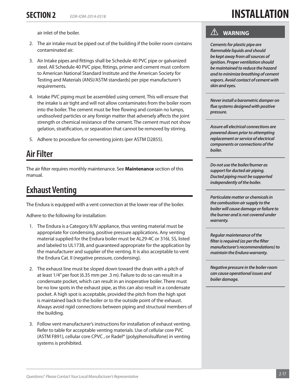 Installation, Air filter, Exhaust venting | Fulton Endura (EDR) Condensing Hydronic Boiler User Manual | Page 23 / 68