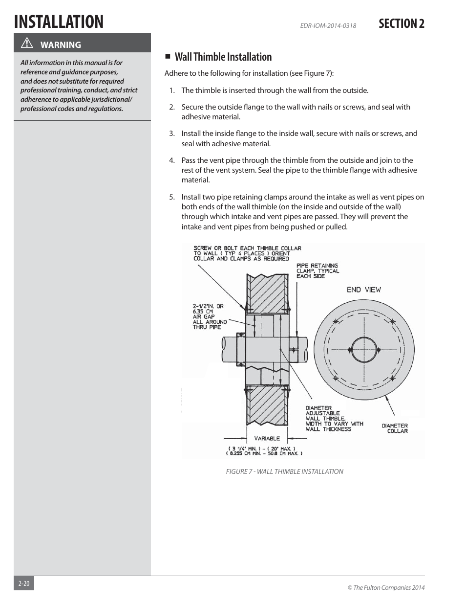 Installation, Wall thimble installation | Fulton Endura (EDR) Condensing Hydronic Boiler User Manual | Page 26 / 68