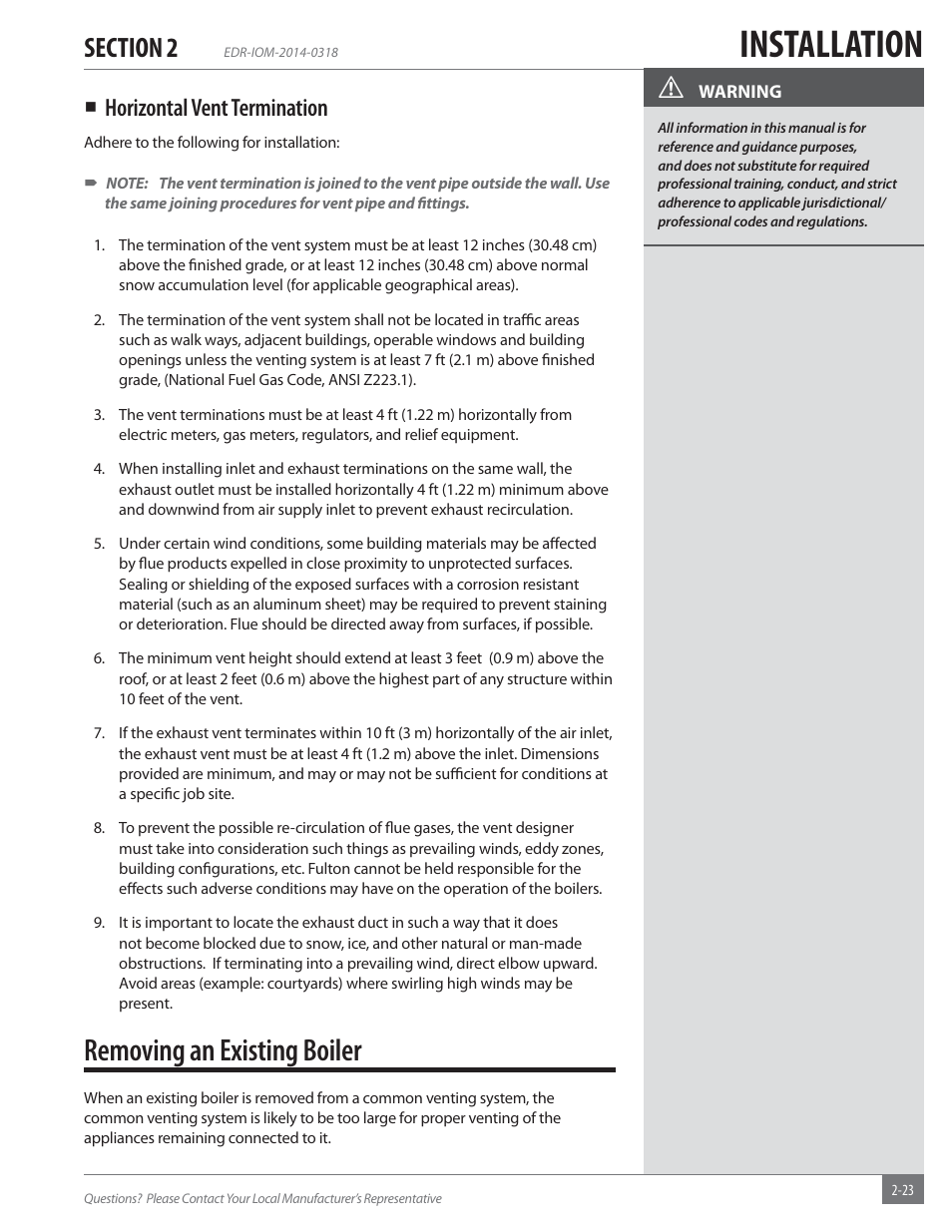 Installation, Removing an existing boiler, Horizontal vent termination | Fulton Endura (EDR) Condensing Hydronic Boiler User Manual | Page 29 / 68
