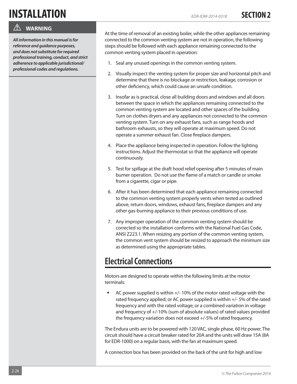 Installation, Electrical connections | Fulton Endura (EDR) Condensing Hydronic Boiler User Manual | Page 30 / 68