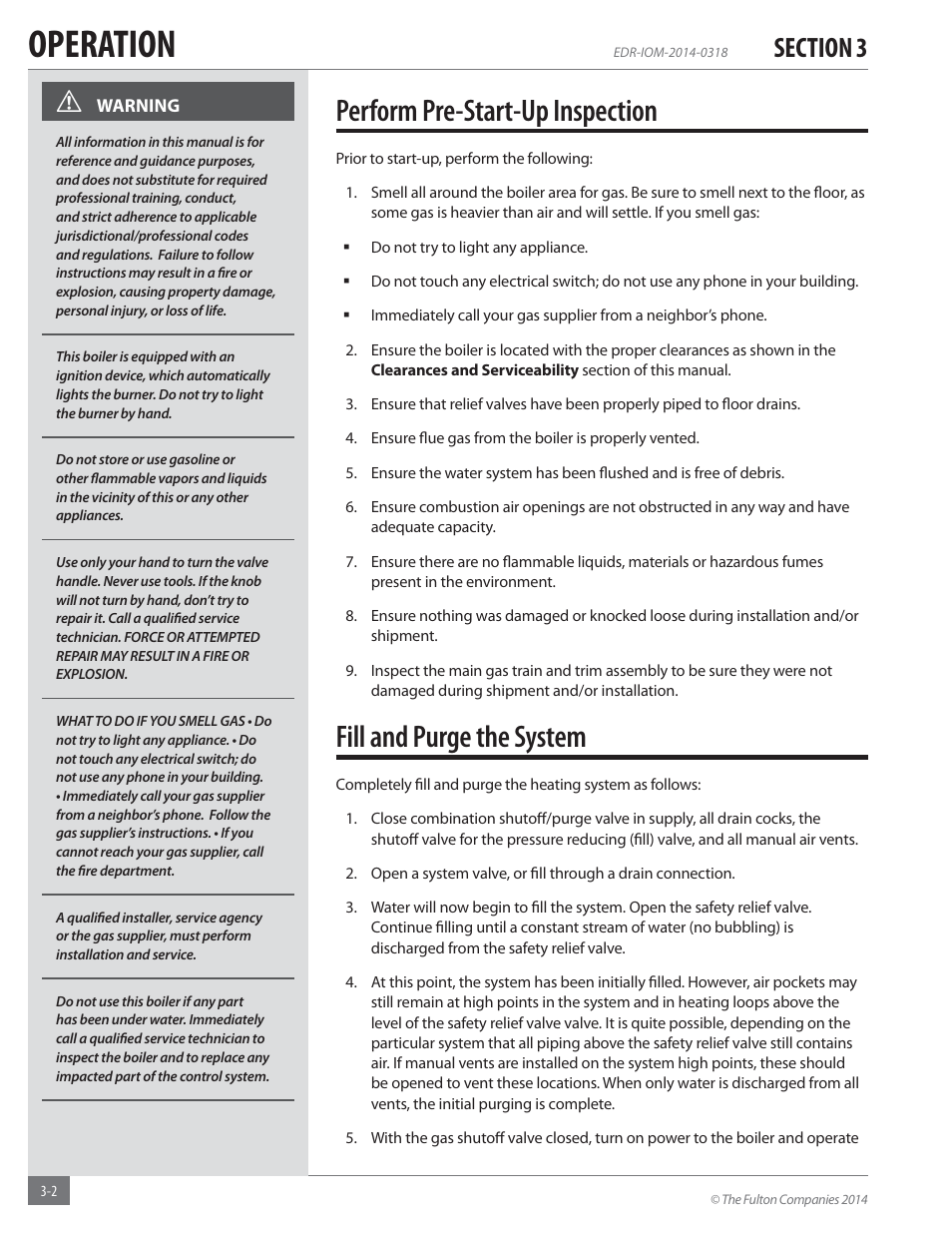 Operation, Perform pre-start-up inspection, Fill and purge the system | Fulton Endura (EDR) Condensing Hydronic Boiler User Manual | Page 36 / 68