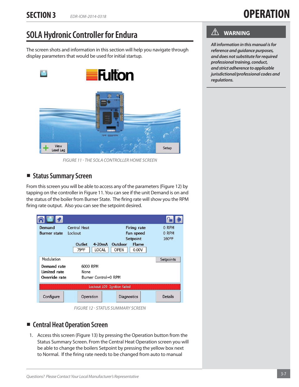 Operation, Sola hydronic controller for endura | Fulton Endura (EDR) Condensing Hydronic Boiler User Manual | Page 41 / 68