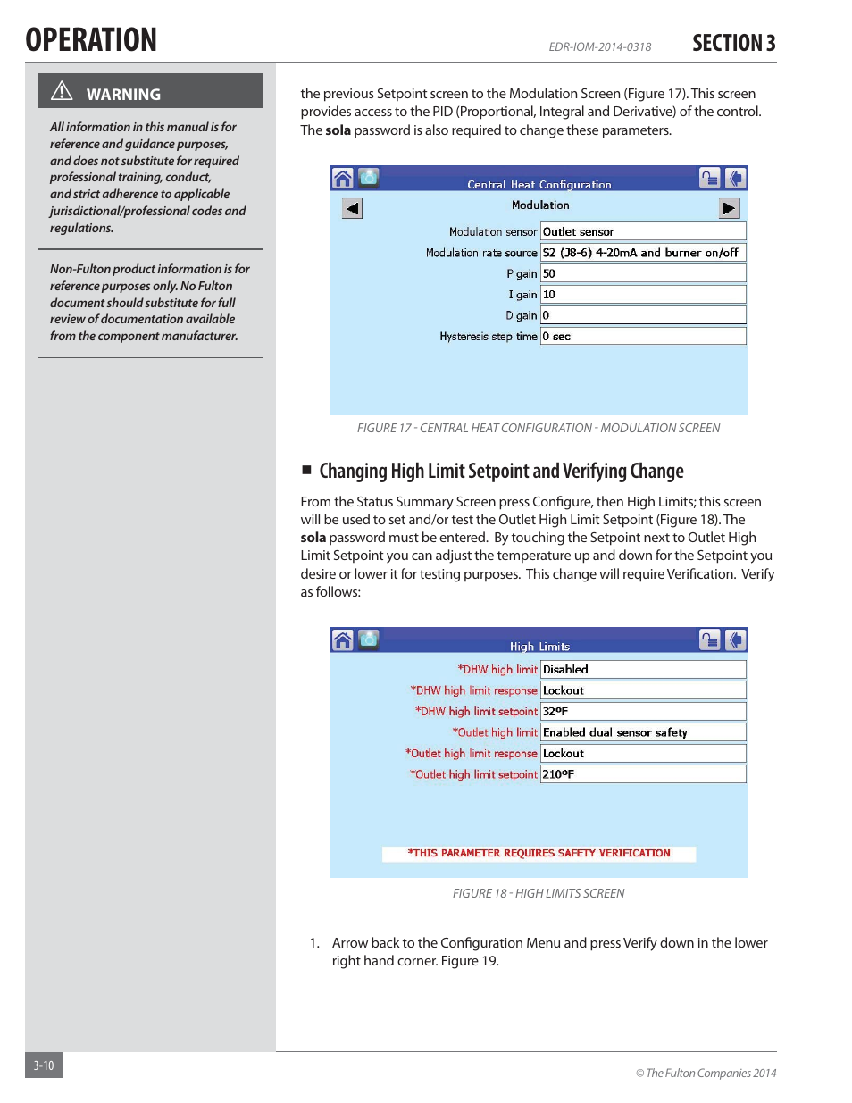 Operation, Changing high limit setpoint and verifying change | Fulton Endura (EDR) Condensing Hydronic Boiler User Manual | Page 44 / 68