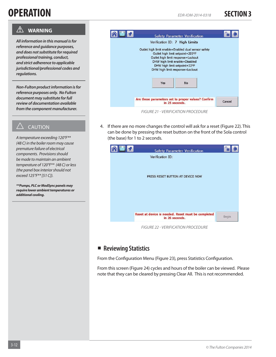 Operation, Reviewing statistics | Fulton Endura (EDR) Condensing Hydronic Boiler User Manual | Page 46 / 68