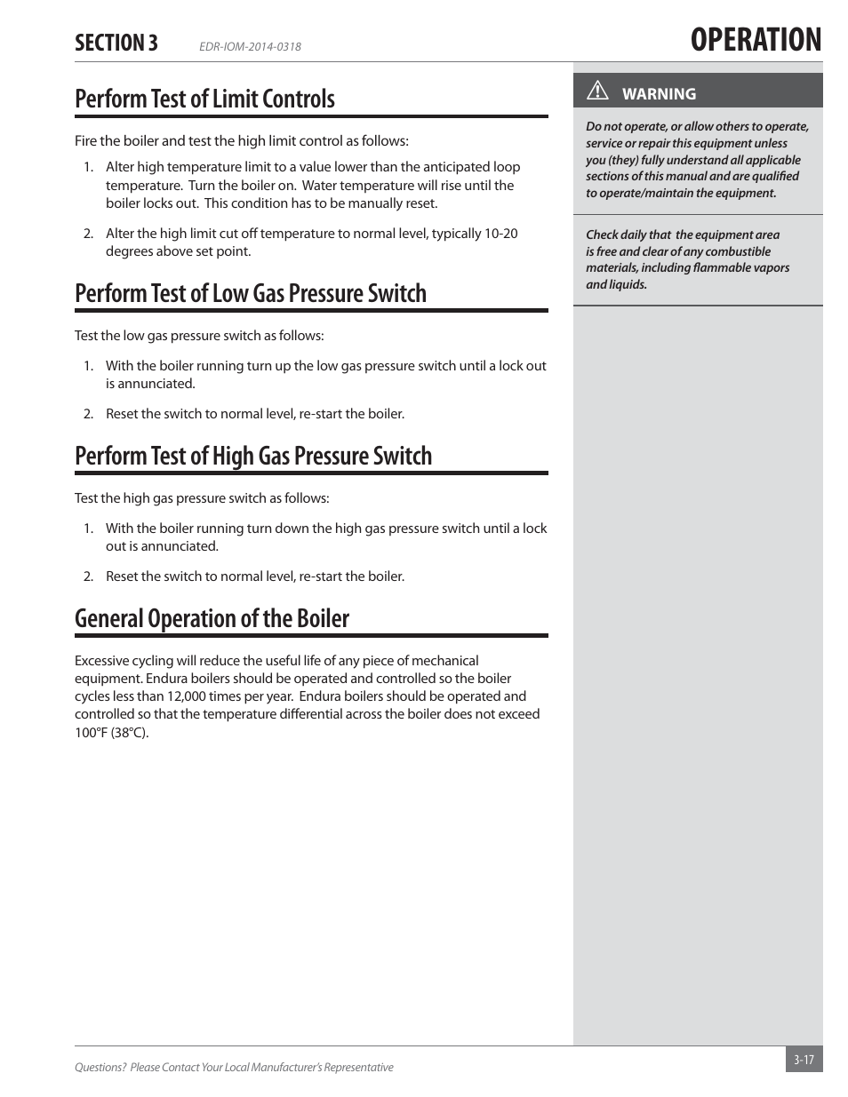 Operation, Perform test of limit controls, Perform test of low gas pressure switch | Perform test of high gas pressure switch, General operation of the boiler | Fulton Endura (EDR) Condensing Hydronic Boiler User Manual | Page 51 / 68