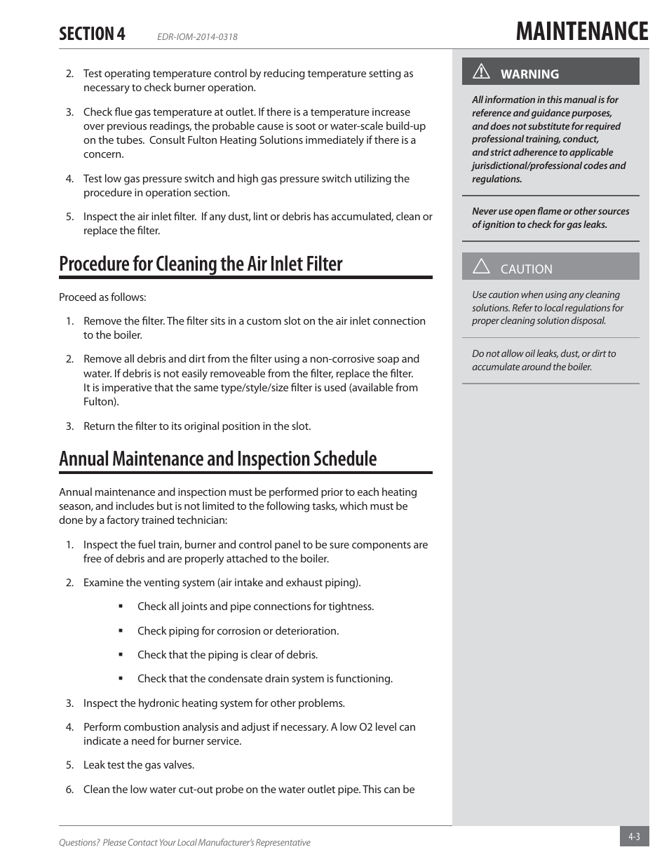 Maintenance, Procedure for cleaning the air inlet filter, Annual maintenance and inspection schedule | Fulton Endura (EDR) Condensing Hydronic Boiler User Manual | Page 55 / 68
