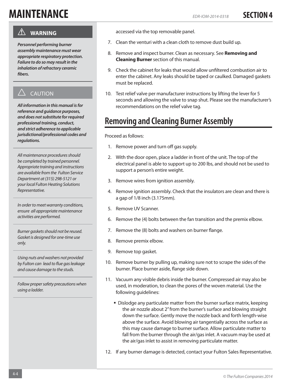Maintenance, Removing and cleaning burner assembly | Fulton Endura (EDR) Condensing Hydronic Boiler User Manual | Page 56 / 68
