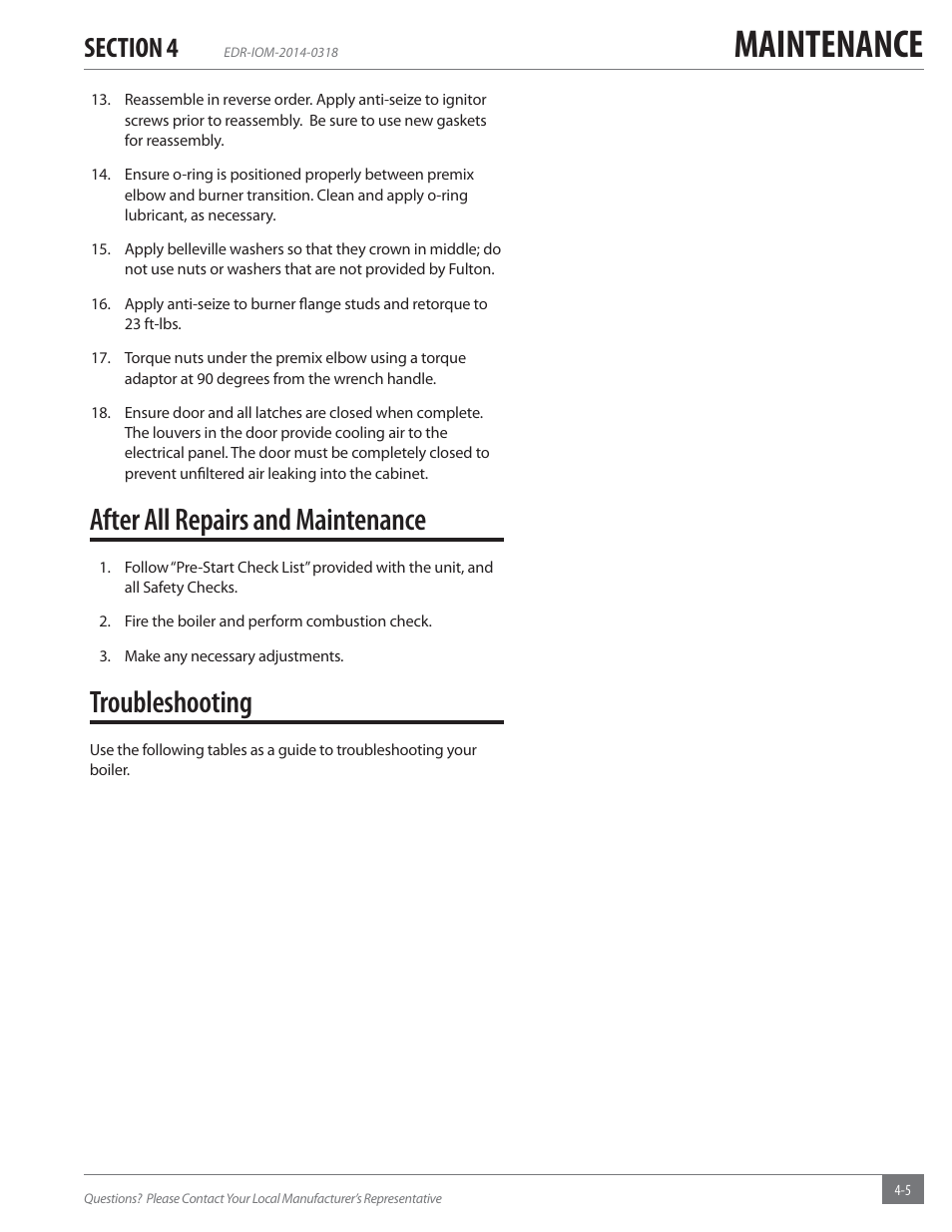 Maintenance, After all repairs and maintenance, Troubleshooting | Fulton Endura (EDR) Condensing Hydronic Boiler User Manual | Page 57 / 68