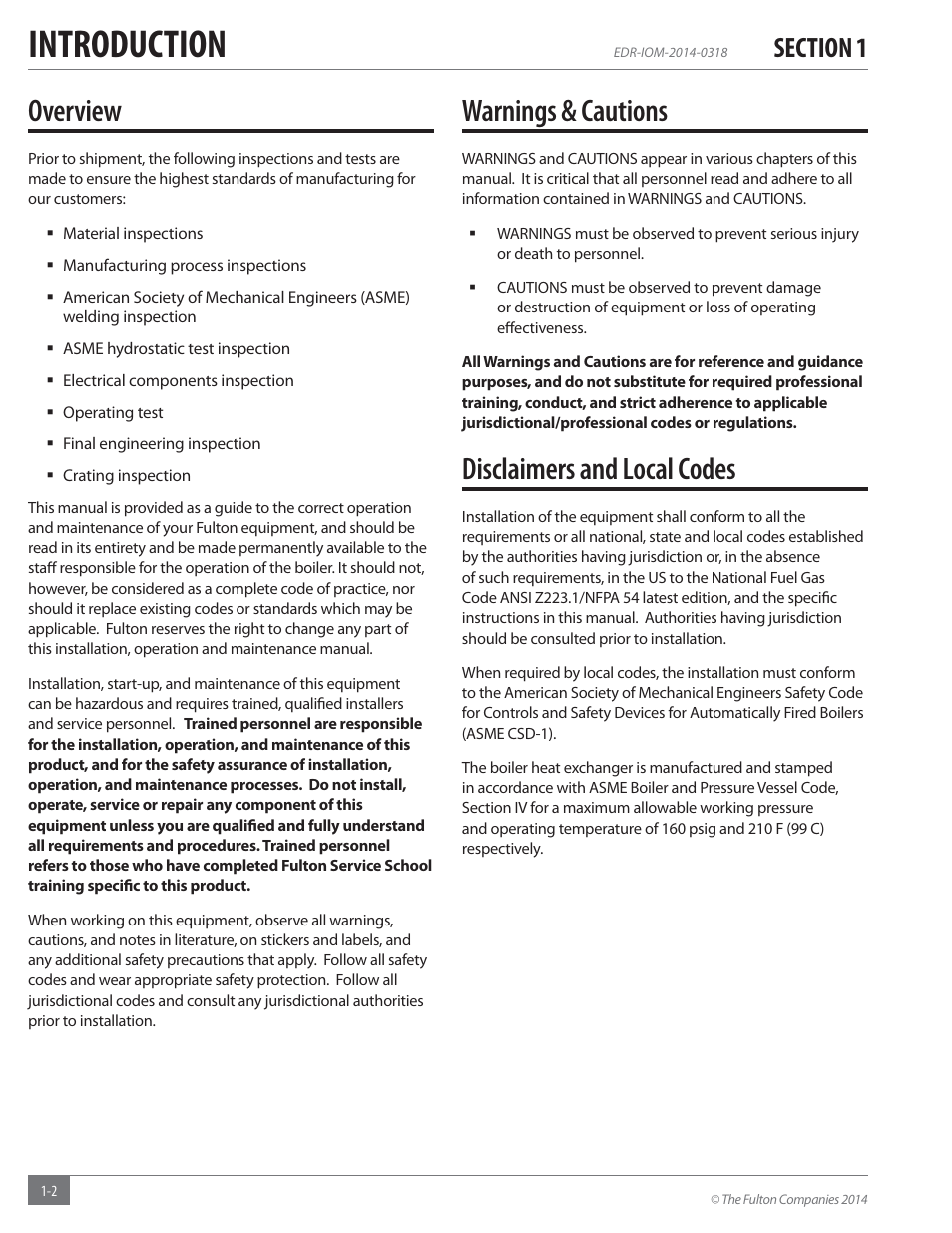 Introduction, Overview, Warnings & cautions | Disclaimers and local codes | Fulton Endura (EDR) Condensing Hydronic Boiler User Manual | Page 6 / 68