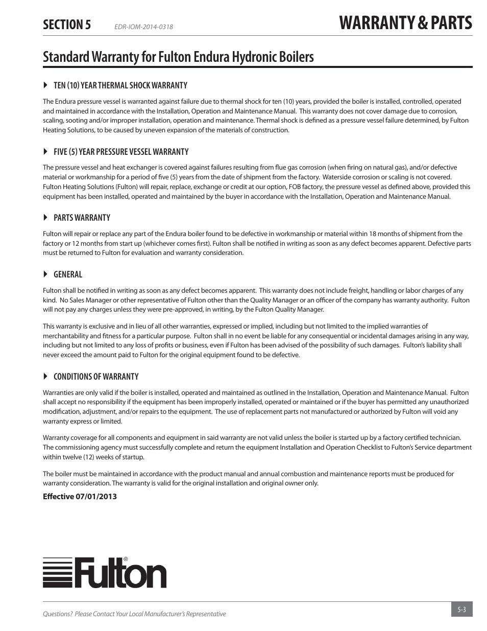 Warranty & parts | Fulton Endura (EDR) Condensing Hydronic Boiler User Manual | Page 63 / 68
