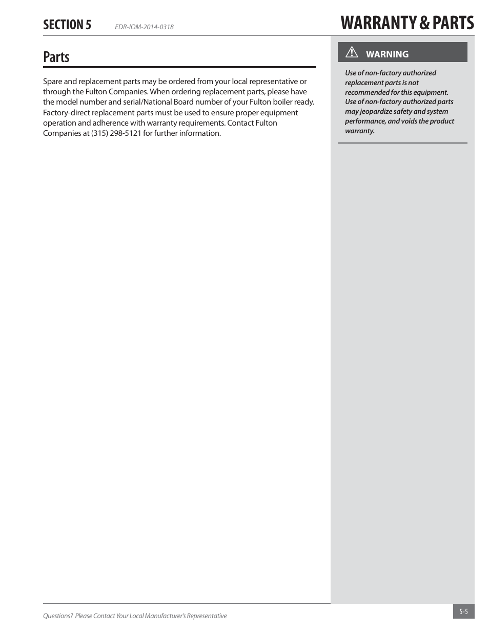 Warranty & parts, Parts | Fulton Endura (EDR) Condensing Hydronic Boiler User Manual | Page 65 / 68