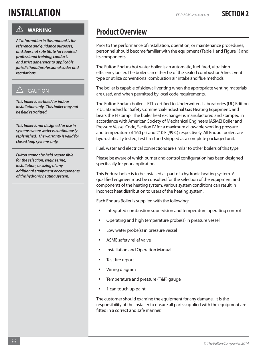 Installation, Product overview | Fulton Endura (EDR) Condensing Hydronic Boiler User Manual | Page 8 / 68