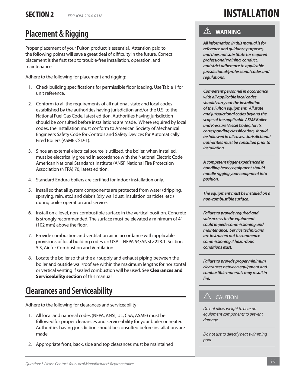 Installation, Placement & rigging, Clearances and serviceability | Fulton Endura (EDR) Condensing Hydronic Boiler User Manual | Page 9 / 68