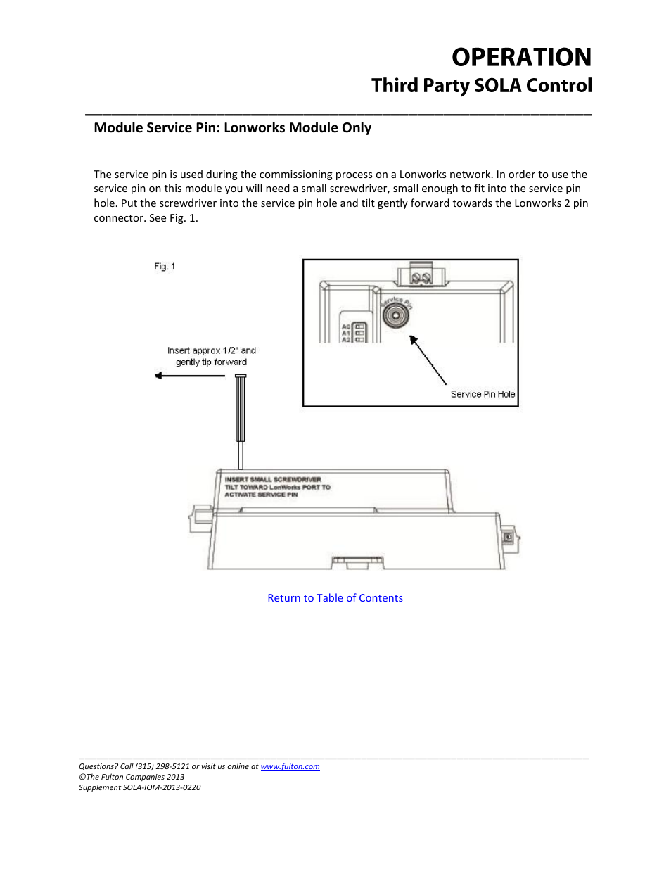 Module service pin: lonworks module only | Fulton Caliber (CAL) SOLA Gateways User Manual | Page 10 / 36