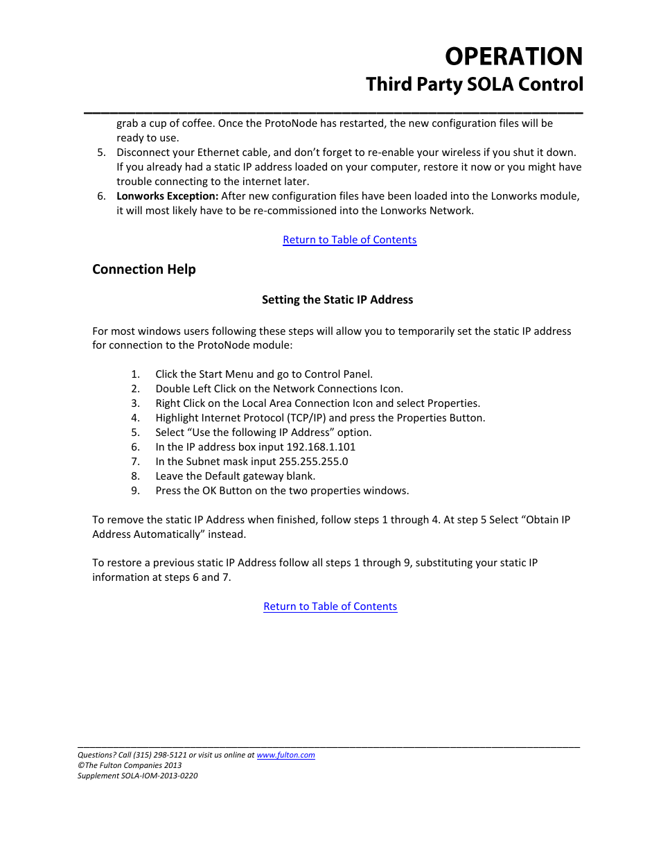 Connection help, Setting the static ip address, Setting the | Static ip address | Fulton Caliber (CAL) SOLA Gateways User Manual | Page 13 / 36