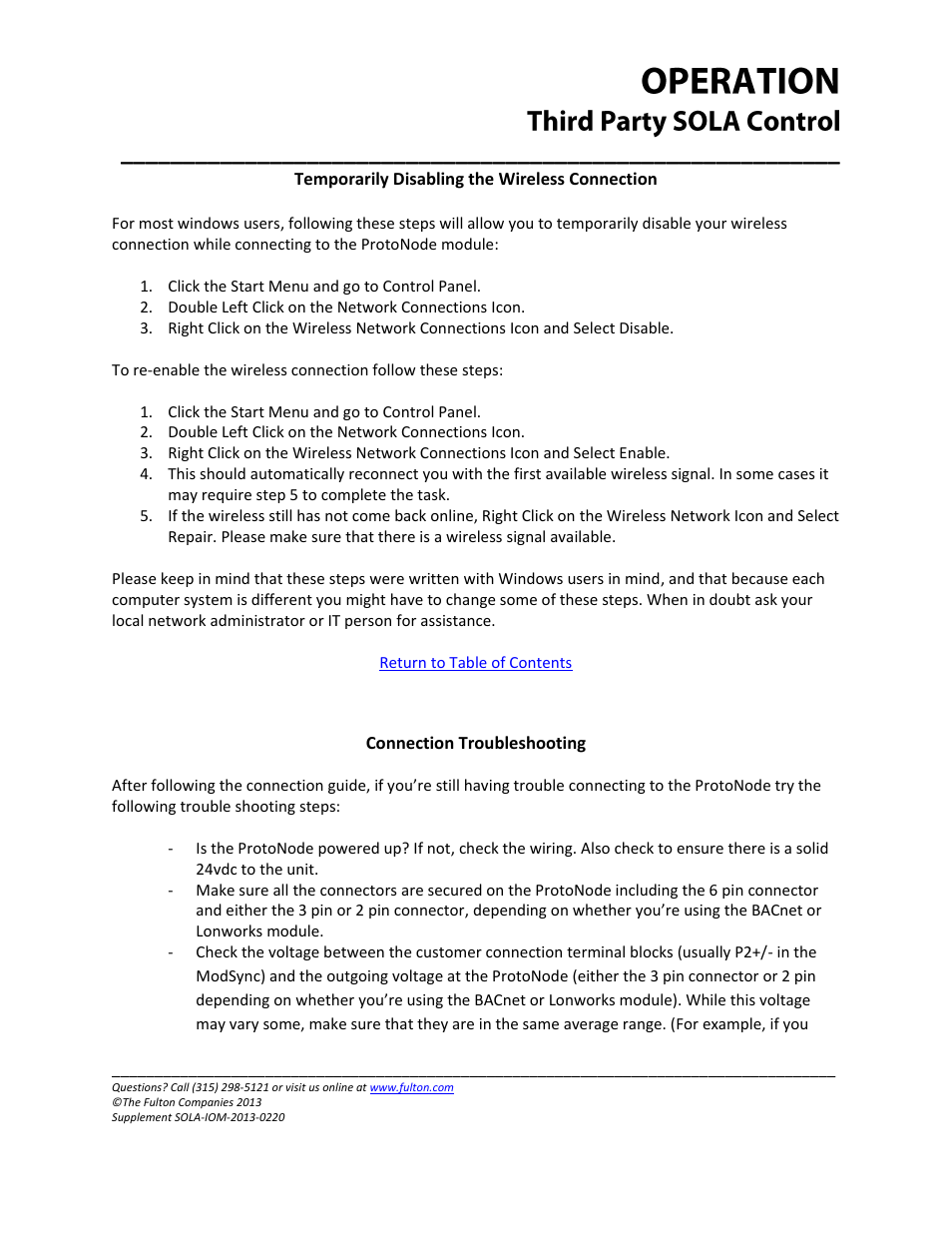 Temporarily disabling the wireless connection, Connection troubleshooting, Temporarily | Disabling the wireless connection | Fulton Caliber (CAL) SOLA Gateways User Manual | Page 14 / 36