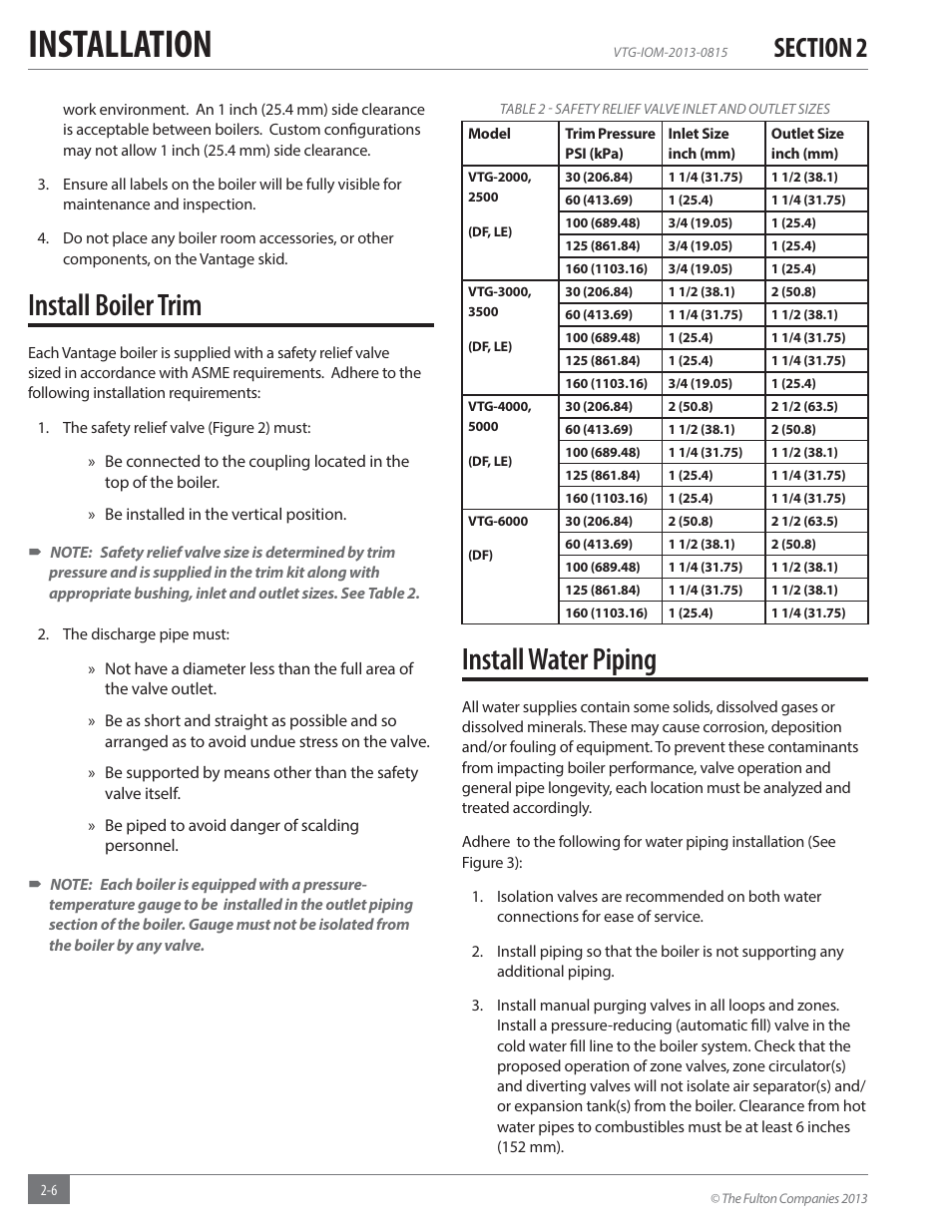 Installation, Install boiler trim, Install water piping | Fulton Vantage (VTG) Fully Condensing Hydronic Boiler User Manual | Page 12 / 96