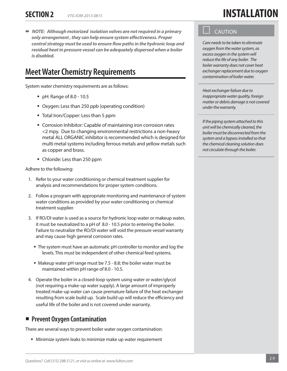 Installation, Meet water chemistry requirements, Prevent oxygen contamination | Fulton Vantage (VTG) Fully Condensing Hydronic Boiler User Manual | Page 15 / 96