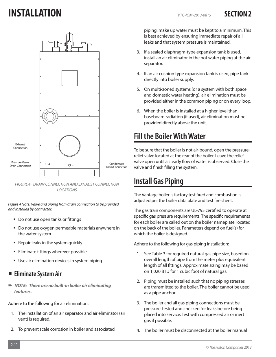 Installation, Fill the boiler with water, Install gas piping | Eliminate system air | Fulton Vantage (VTG) Fully Condensing Hydronic Boiler User Manual | Page 16 / 96