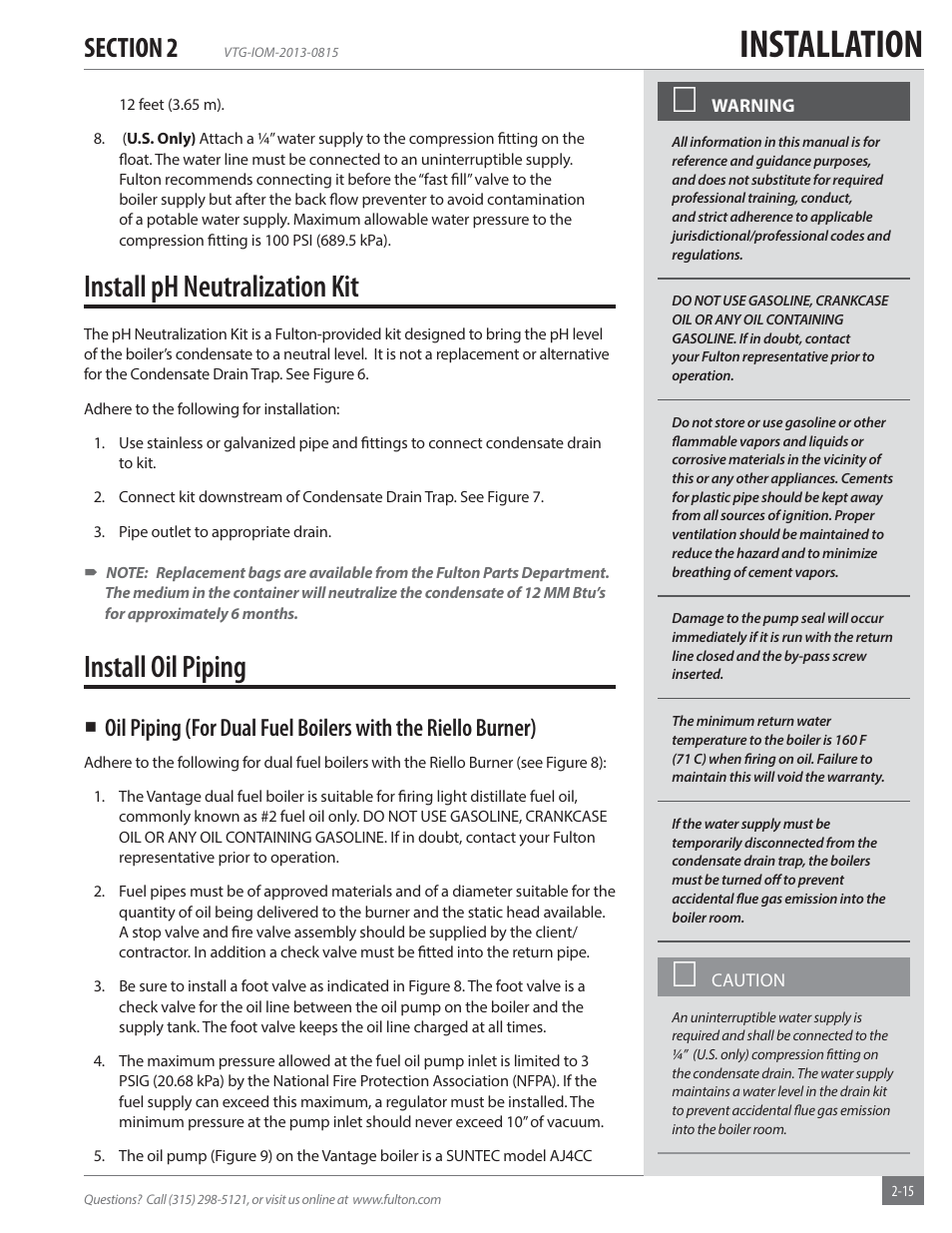 Installation, Install ph neutralization kit, Install oil piping | Fulton Vantage (VTG) Fully Condensing Hydronic Boiler User Manual | Page 21 / 96