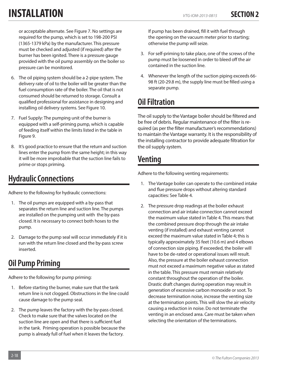 Installation, Oil filtration, Venting | Hydraulic connections, Oil pump priming | Fulton Vantage (VTG) Fully Condensing Hydronic Boiler User Manual | Page 24 / 96