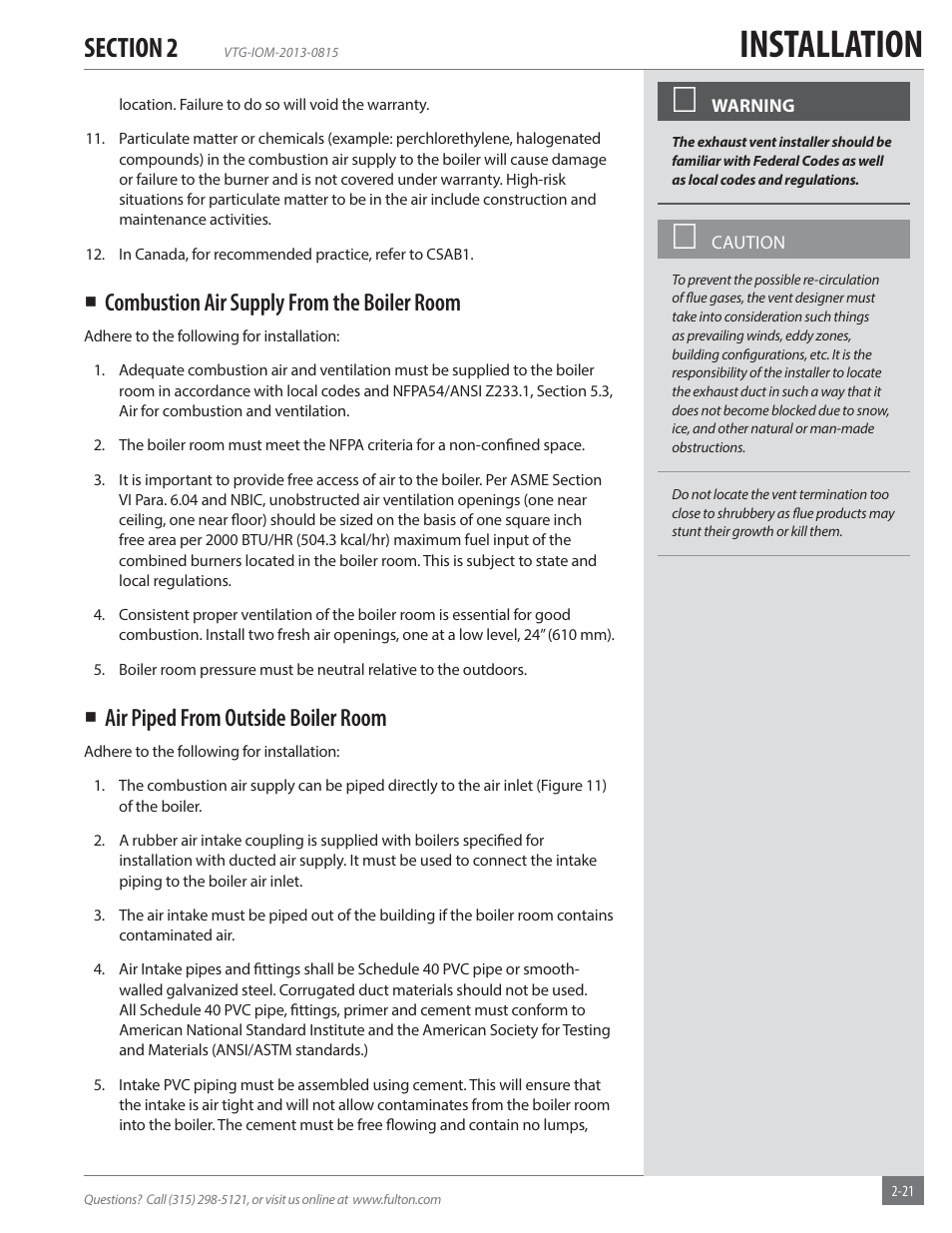 Installation, Combustion air supply from the boiler room, Air piped from outside boiler room | Fulton Vantage (VTG) Fully Condensing Hydronic Boiler User Manual | Page 27 / 96