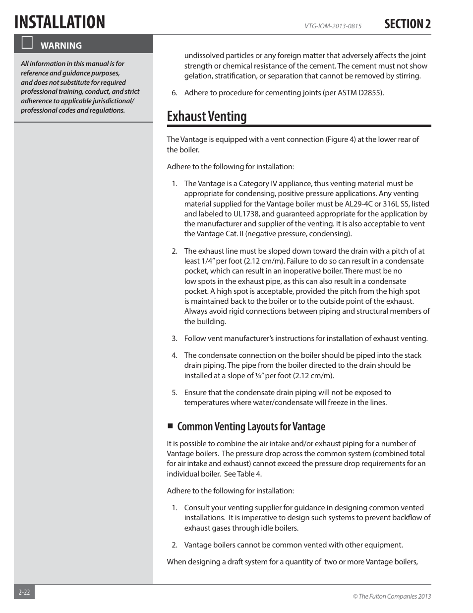 Installation, Exhaust venting, Common venting layouts for vantage | Fulton Vantage (VTG) Fully Condensing Hydronic Boiler User Manual | Page 28 / 96