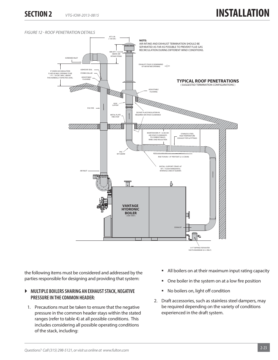 Installation, Typical roof penetrations, Figure 12 - roof penetration details | Fulton Vantage (VTG) Fully Condensing Hydronic Boiler User Manual | Page 29 / 96