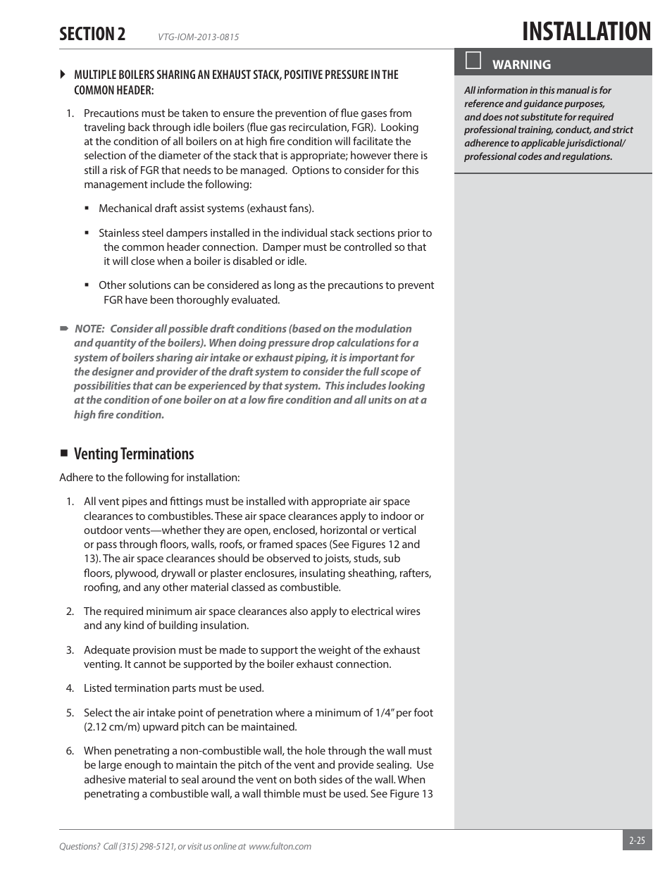 Installation, Venting terminations | Fulton Vantage (VTG) Fully Condensing Hydronic Boiler User Manual | Page 31 / 96