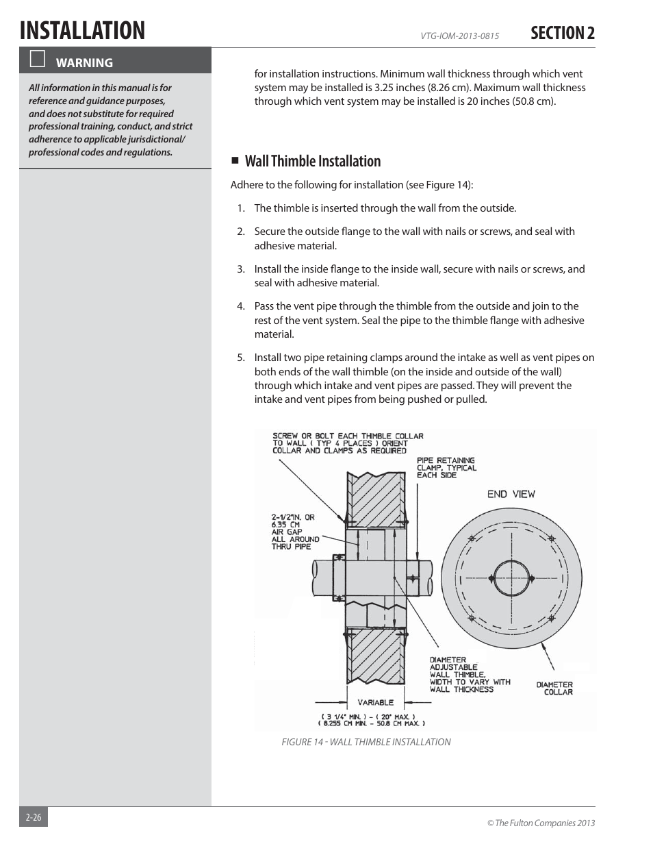 Installation, Wall thimble installation | Fulton Vantage (VTG) Fully Condensing Hydronic Boiler User Manual | Page 32 / 96
